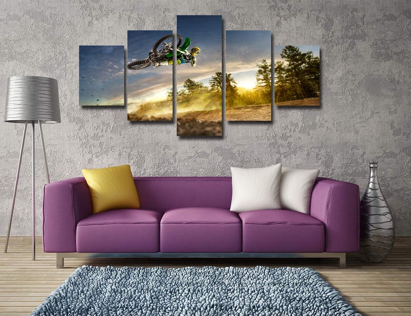 Artbrush Tower Dirt Bike Wall Art Motocross Cool Paintings for Wall DirtBike Artwork Canvas Poster Dining Room Pictures Framed Wall Decor for Living Room Ready to Hang 5 Panel(60''Wx32''H) - Image 2